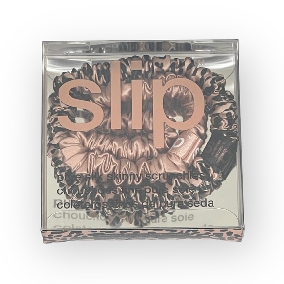 new Slip 𖦹 Bombshell Skinny Silk 2 Scrunchie Set 𖦹 Rose Gold Leopard 𖦹 Gift - Picture 6 of 16